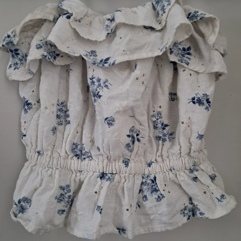 American Eagle AE Blue & White Floral Ruffle Women's Top - Picture 4 of 5
